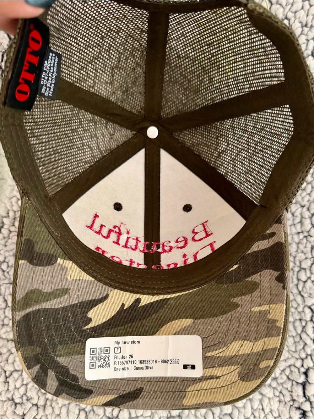 OTTO Camo Trucker Hat with Pink Script - Picture 3 of 3